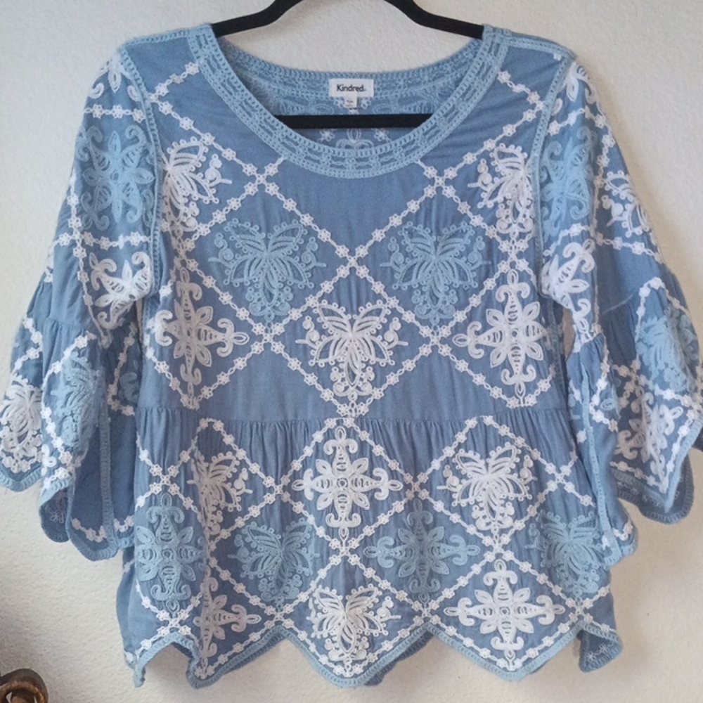 Kindred Blue and White Embroidered Blouse
